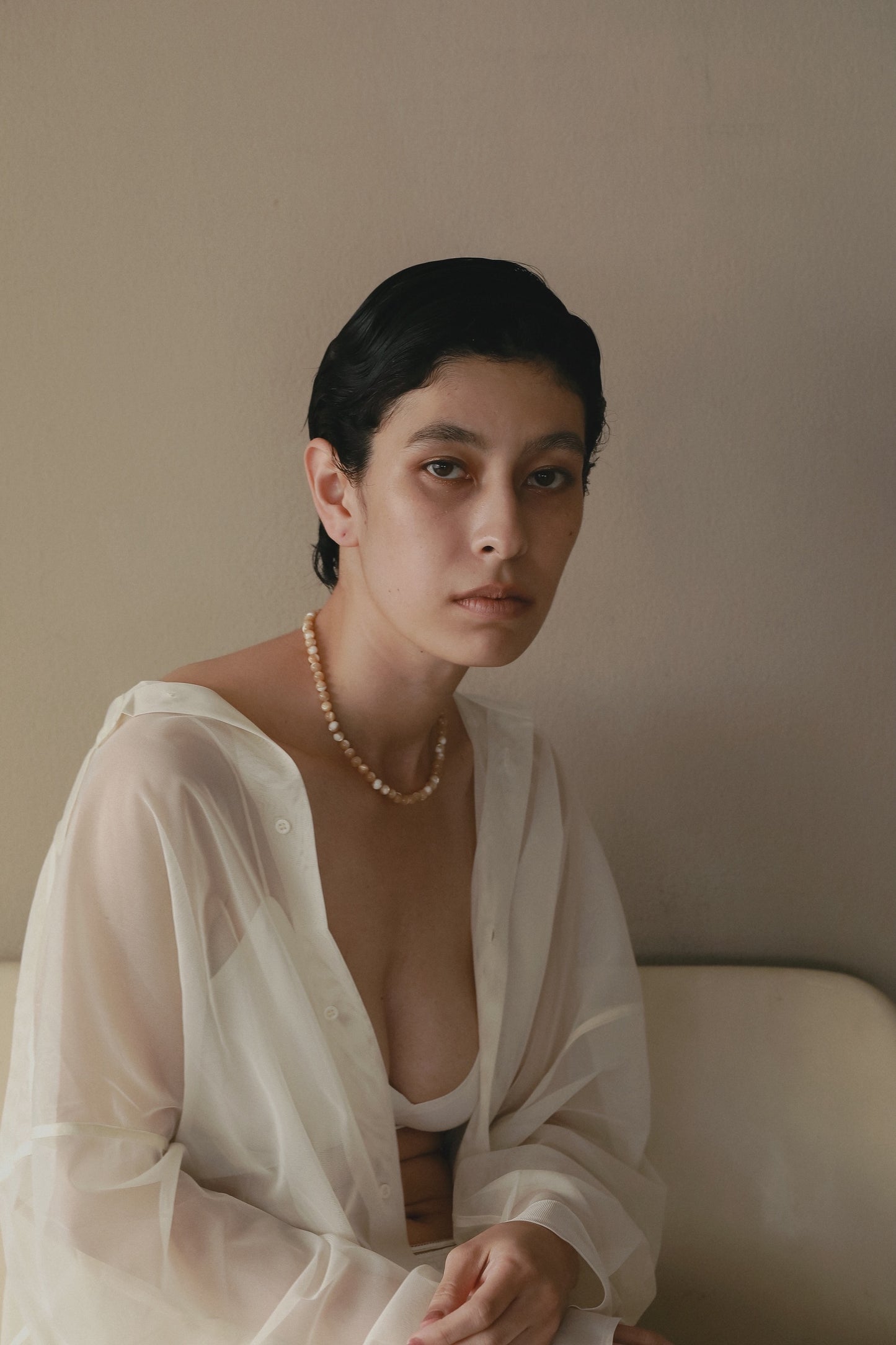 ［silver925］Stone Necklace (Beige)